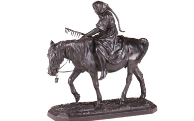 D'après Nikolai Ivanovich Lieberich (1828-1883), un bronze patiné représentant une paysanne à cheval, signature indistincte...