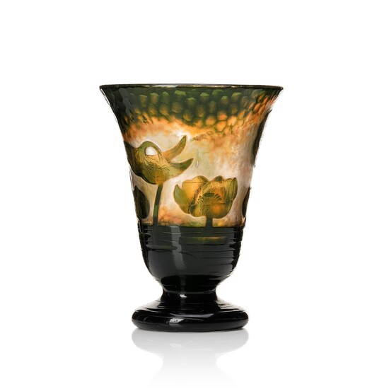 Daum, an Art Nouveau 'Martelé' cameo glass vase, Nancy, France, early 1900s.