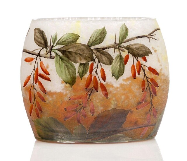 Daum, an enamelled glass pillow vase with rosehips c.1910, signed...