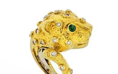 David Webb Leopard 18K Yellow Gold Green Emeralds Diamonds Ring