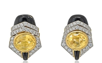 David Webb Platinum & 18K Yellow Gold Oval Cut Yellow Sapphire Black Enamel And Diamond Earrings