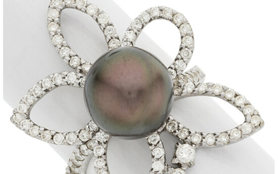 Diamond, Cultured Pearl, White Gold Ring Stones: Full-cut diamonds...