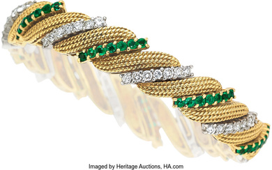 Diamond, Emerald, Platinum, Gold Bracelet Stones: Full-cut diamonds weighing...