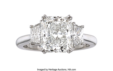 Diamond, Platinum Ring Stones: Radiant-cut diamond weighing 3.13 carats;...