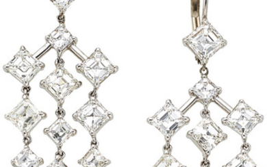 Diamond, White Gold Earrings Stones: Square step-cut diamonds weighing...