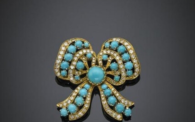 Diamond and turquoise yellow gold bow brooch, g 14.30