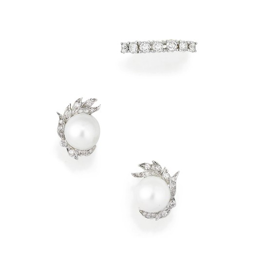 Diamond ring and a pair of cultured pearl and diamond earrings