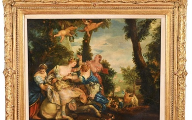 ÉCOLE FRANCAISE du XVIIIè. « Vertume et omone ». Huile sur toile. H.38 L.46.
