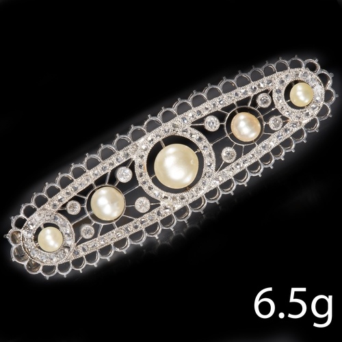 EDWARDIAN PEARL AND DIAMOND BROOCH. Set with bright and live...
