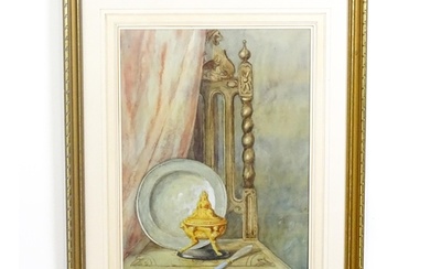 Early 20th century, Watercolour, A pewter plate / alms dish ...