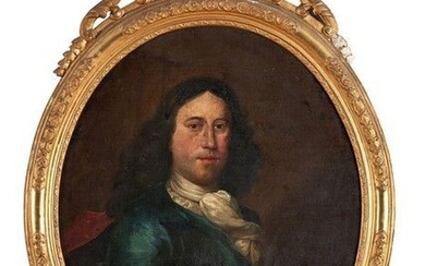 Ecole probablement Hollandaise du XVIIIe siècle Portrait d'Homme avec blason au lévrier Huile sur toile...