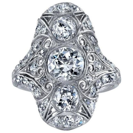 Edwardian Three-Stone Diamond Platinum Navette