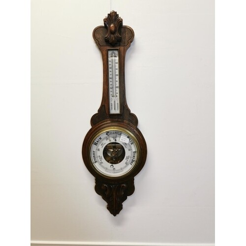 Edwardian oak banjo barometer. {86 cm H x 27 cm W}.