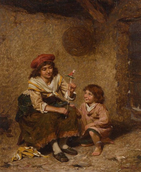 Edwin Thomas Roberts, British 1840-1917- The new toy; oil on canvas, signed 'Edwin Roberts.' (lower right), further signed on the reverse, 35.5 x 30.5 cm. Provenance: Private Collection, UK.