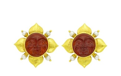 Elizabeth Locke Pair of Hammered Gold, Red Glass Cameo, Mother-of-Pearl and Cultured Pearl Earclips