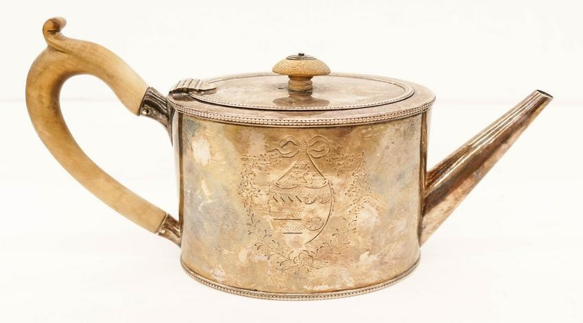 English George III Silver Armorial Teapot by Daniel