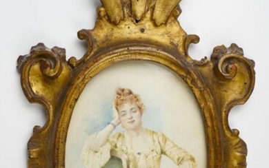 Eugène GRIVAZ (1852-1915) élégante, Aquarelle Jeune femme Cadre en bois sculpté ovale 18 x 13...