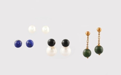FOUR PAIR OF CULTURE PEARL, ONYX, LAPIS, SERPENTINO, GOLD AND SILVER EARRINGS