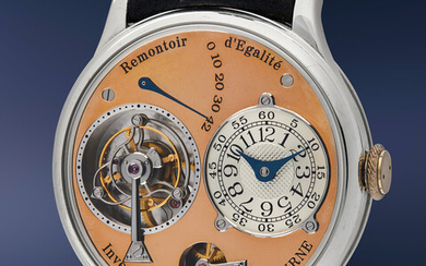 F.P. Journe, A very early, highly important, and extremely rare platinum tourbillon wristwatch with remontoir d’egalité, pink gold dial, and certificate of authenticity, numbered 038