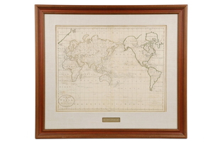 FRAMED MAP OF THE WORLD FROM CAREY'S ATLAS OF 1795, WITH COOK'S VOYAGES