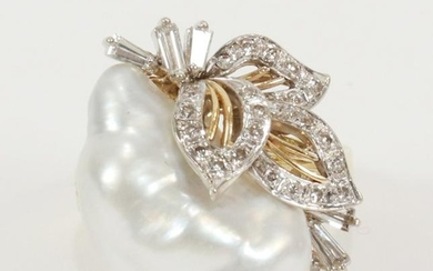 FREE FORM BAROQUE, PEARL & DIAMOND, GOLD RING