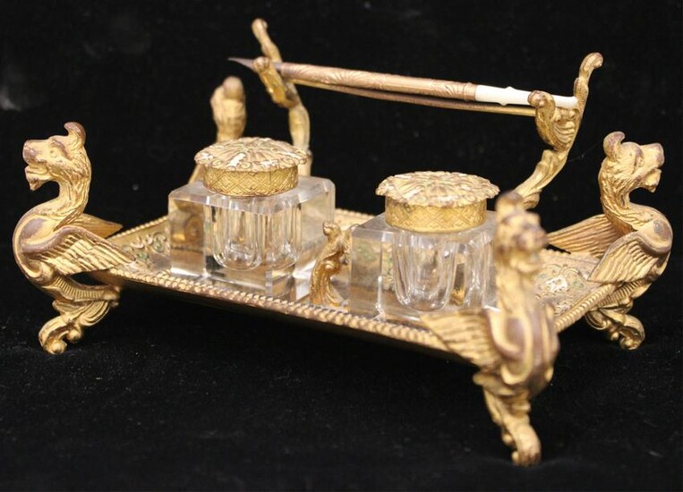 FRENCH FIGURAL INKWELL WITH PEN AND CRYSTAL FONTS