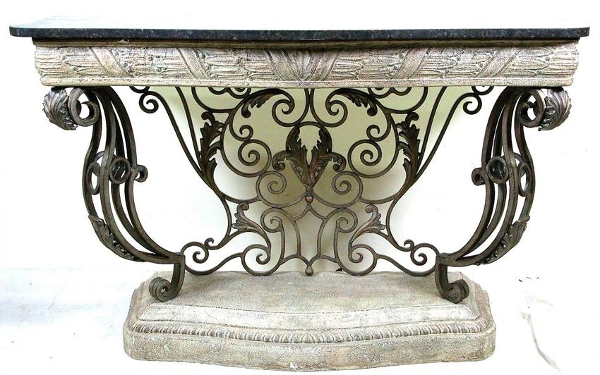 FRENCH STYLE IRON BASE MARBLE TOP CONSOLE TABLE