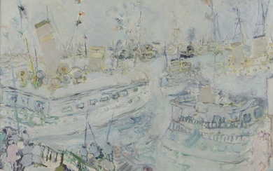 FUSARO Jean (né en 1925). Les Bateaux blanc au port Istanbul. Huile sur toile signée...