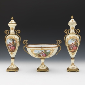 Ferdinand Bing French Gilt Brass and Porcelain Three-Piece Garniture
