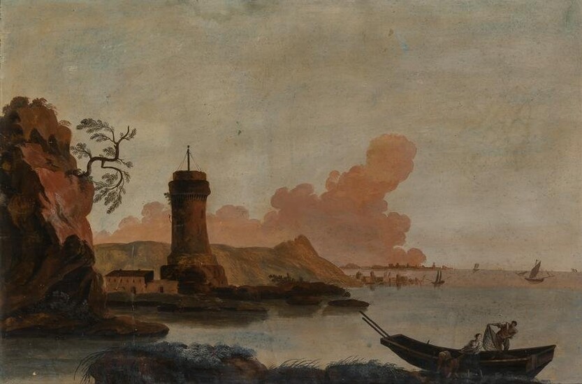 Follower of Claude-Joseph Vernet A Coastal View with a Tower and Sailboats Offshore
