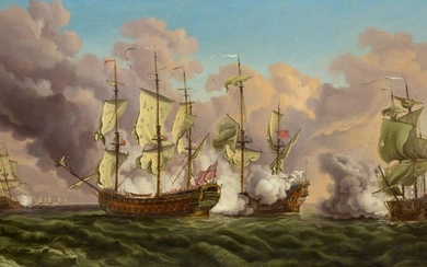 Follower of Thomas Whitcombe, British 1763-1824- A naval engagement; oil on canvas, 62 x 131.5 cm. Provenance: Anon. sale, Christie's South Kensington, 11 November 1999, lot 447 (as English School, 19th Century).