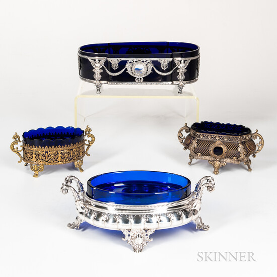 Three Cobalt Glass Dishes with Metal Stands