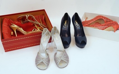Four sets of heels, comprising a pair of Manolo Blahnik laser cut pink leather pointed toe heels, size '37.5', with fabric logo to the insole and stamped to the underside, in original box, a pair of Rene Caovilla Trecdia gilded leather & crystal...