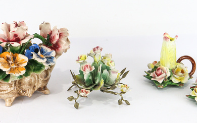 Four vintage Italian style decorative ceramic pieces with applied flowers,...