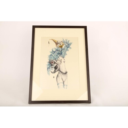 Framed yellow hair nude with blue feathers holding a cat. by...