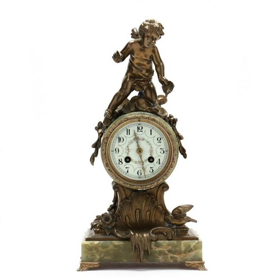 French Green Onyx and Brass Figural Mantel Clock