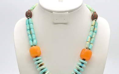GEMSTONE NECKLACE MADE OF TURQUOISE, WITH AMBER AND CORAL, 925 SILVER CLASP, VINTAGE, CA. 55 CM.