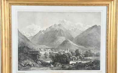 GRAVURE de A. JOLY représentant la vallée d’’Interfachen en grisaille. H.42 L.58.