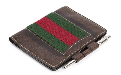 GUCCI LEATHER AND CANVAS NOTEPAD 80s Brown leather striped canvas...
