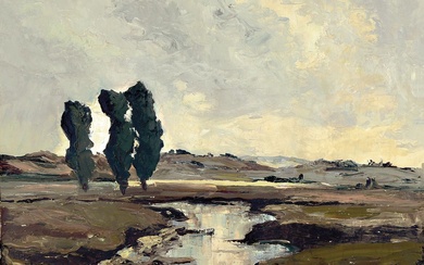 Georg Arnold-Graboné, 1896 Munich-1982 Starnberg, wide moor landscape with poplars,...