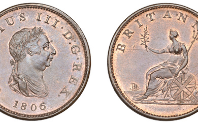 George III (1760-1820), Soho Mint, Birmingham, Halfpenny, 1806, laureate bust right, brooch...