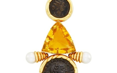 Gold, Bronze Coin, Citrine and Cultured Pearl Clip-Brooch