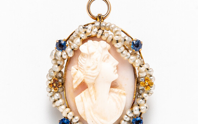 Gold, Seed Pearl, Sapphire, and Shell Cameo Brooch/Pendant
