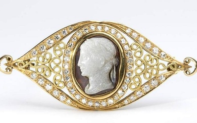 Gold brooch with agate cameo and diamonds