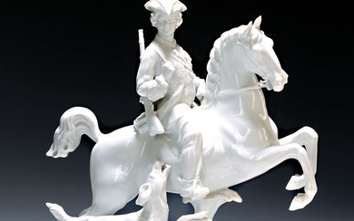 Grande figurine en porcelaine, Rosenthal, Selb- Plössberg, chasseur avec chien de chasse à cheval, blanc,...