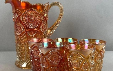 Group of 6 Marigold Carnival Glass Pitcher Set