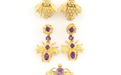 Group of Gold and Amethyst Insect Jewelry