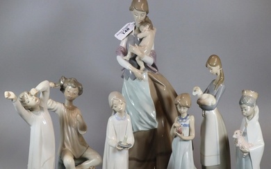 Group of nine Spanish porcelain Lladro figurines to include:...