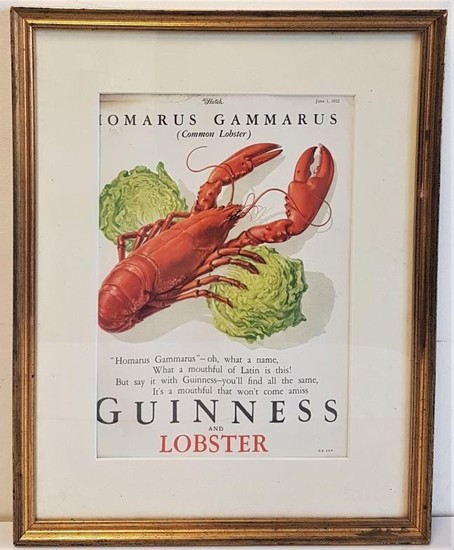 Guinness and Lobster Advertising Sign, frame c.13 x 17in