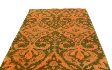 Hand Knotted Orange Cast Ikat Overdyed Pure Wool